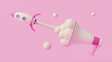 Başarılı olması için megafonla bir iş ilanı vermek ve bir roket gibi havalanmak. 3d oluşturma.