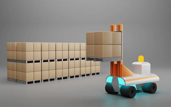 Automatic Forklift Stacks Pallets Boxes Autonomously Futuristic Robot Working Warehouse — Stock Photo, Image