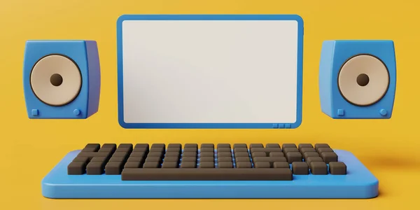 Blue Desktop Computer Speakers Keyboard Foreground Yellow Background Rendering —  Fotos de Stock
