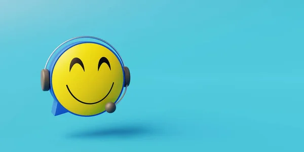 Customer service operator with smiling emoji face and blue background with copy space. 3d rendering.