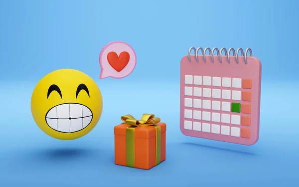 Happy Emoji makes a gift and expresses his love on a special day marked on the calendar. Perfect image for parties, birthdays or anniversaries. 3d rendering with blue background.