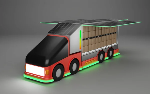 Futuristic electric truck equipped with solar panels and batteries. The scene represents the technological advance in the transport of goods for the sustainability of the planet. 3d rendering.