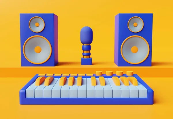 Blue Yellow Bichromatic Home Music Studio Set Midi Keyboard Speakers —  Fotos de Stock