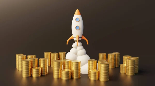 Money piled up and rocket taking off representing business success. 3d rendering.