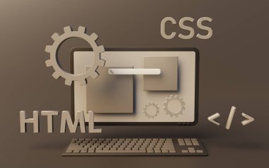 Programming web pages with html and css code on a desktop computer. 3D rendering.