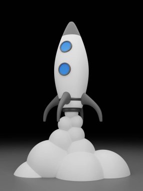 Roketin kalkması, girişimciler için iş büyümesi, motivasyon ve ilham kaynağı kavramını temsil ediyor. 3D siyah beyaz renkte ve mavi bir dokunuşla.