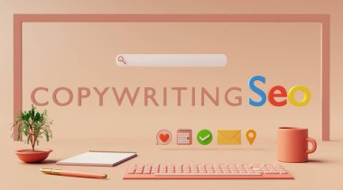 Arama motoru web sayfaları ve reklamcılık için yazılmış seo metni optimize etti. 3d görüntüleme ve pastel arkaplan.