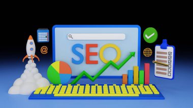 Seo, motor optimizasyon analizini araştır. İnternet ve web konumlandırma analizleriyle ilgili elementlere sahip masaüstü bilgisayarı. Ayrıca bir takvim, büyüme çizelgeleri, yapılacaklar listesi ve havalanan bir roket de görebilirsiniz. 3B görüntüleme.