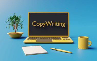 The writer prepares to create search engine optimized texts with his laptop and his cup of coffee. 3d rendering. 3d rendering with blue backgrund.