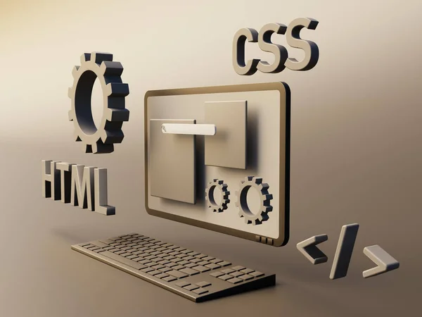 Programming websites with html and css code on a desktop computer. 3d rendering.