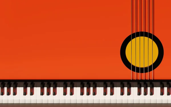 Red Background Piano Keyboard Guitar Strings One Side Represents Concept — Stock Fotó