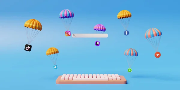 Social media logos facebook, instagram, twitter, youtube, whatsapp, tiktok and twitch parachuting down.