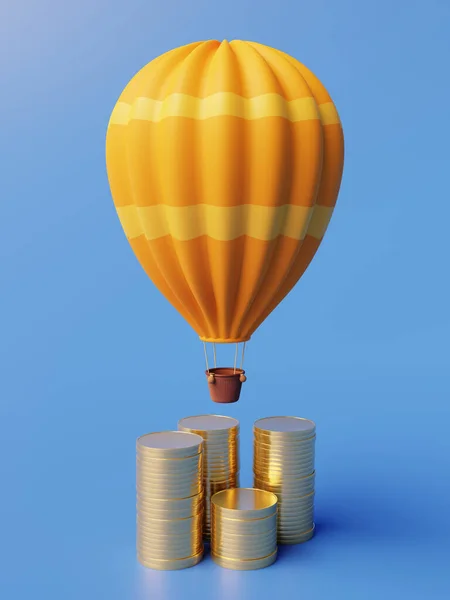 Travel budget and ticket prices represented by a hot air balloon and money piled up. 3d rendering with blue sky background.