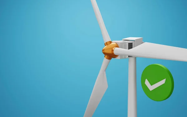 White and gold wind generator with a green and white check symbol. Representation of the optimal renewable energies for the conservation of the planet. 3d rendering with copy space.