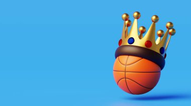 Bu sporun kralını ya da dünyanın en iyi şampiyonasını temsil eden tacı olan bir basketbol topu. Kopyalama alanı ve gök mavisi arkaplan ile 3d oluşturma.