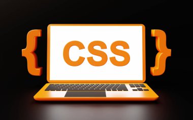 Development of a web site with css code and creation of a style sheet to improve a website. 3d rendering with dark background.