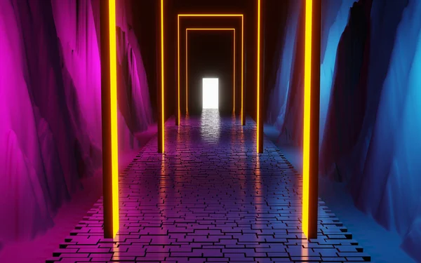 Sci Cobblestone Corridor Neon Arches Natural Relief Sides Glowing Door — Stock Fotó