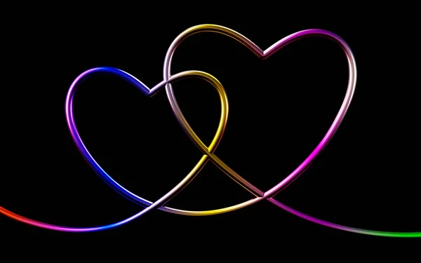 Love Hearts Intertwined Multicolored Shiny Metal Tubes Black Background Rendering — Stock fotografie