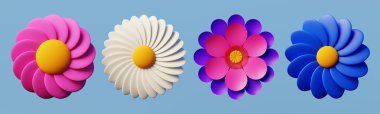 Four 3d flowers of different colors on sky blue background for web and banner design. 3d rendering.