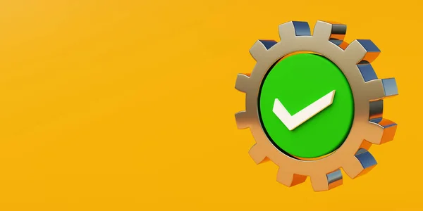 Symbol of quality certification and guarantee with a cogwheel and a check mark with copy space. 3d rendering with yellow background.