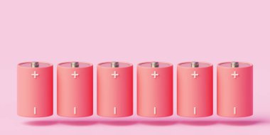 Pastel colored batteries on pink background with copy space represent feminine energy and recycling. 3d rendering.