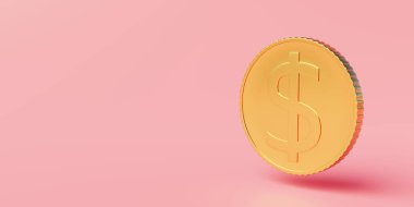 Golden coin with dollar symbol on a pink background and copy space representing business woman. 3d rendering.