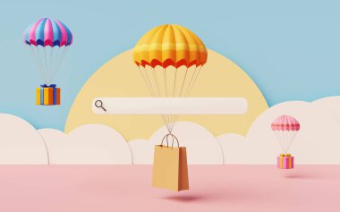 Receiving purchases from the online store with packages and shopping bag falling with parachute. 3d rendering with pastel cut paper background and empty browser for your website.