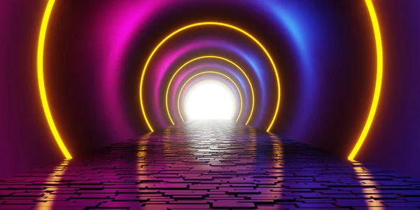 Sci-fi tunnel with cobblestone floor and neon arches with glowing light at the end. 3d rendering.