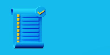 Blue monochrome background of a document or a certificate with a list of approved items. 3d rendering of diploma or legal paper file.
