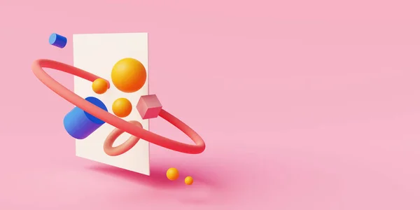 Abstract Pink Background Levitating Geometric Shapes Copy Space Homepage Banner — Stockfoto