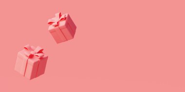Pastel pink monochrome background of two gift boxes with ribbon and copy space for web design. 3d rendering.