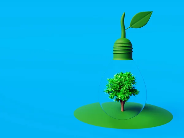 Ecological pear-shaped bulb for environmental conservation with the use of renewable energies. 3d rendering of ecological scene to avoid global warming and protect nature. Copy space and blue background.