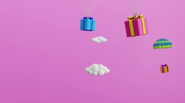 Home delivery of gift boxes with parachute with pink background and copy space. 3d rendering of online sales and ecommerce business on the internet.