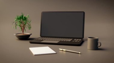 Copywriting tools to write persuasive seo texts for websites and journalism. 3d rendering of a zoom in of a desktop with laptop, notebook with pen and a cup of coffee.