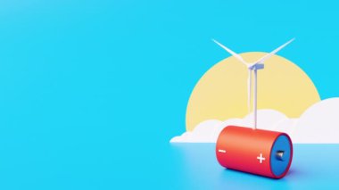 Wind turbine and battery to generate renewable and sustainable energy. 3d rendering for the conservation of the environment and against climate change and global warming with the use of clean energy.