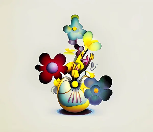 Abstract digital illustration of a vase with flowers on a beige background. Very colorful and beautiful digital floral art with copy space for web design and banner advertising.