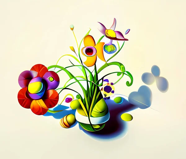 Abstract illustration of a vase with flowers on a beige background. Very colorful and beautiful digital floral art with copy space for web design and banner advertising.