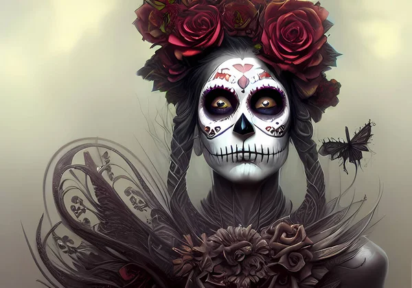 Dark Princess with a day of the dead makeup for halloween and trick or treat party. Digital illustration of a close-up of a woman\'s face mixed with a skull of the night of the dead and witches.