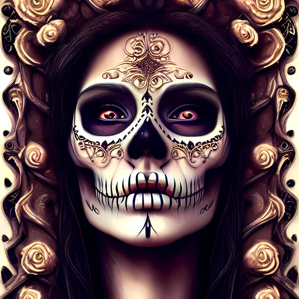 Scary woman with sugar skull face decorated for halloween. Digital illustration of a cranium with a woman\'s face with make up of the day of the dead for trick or treat party.
