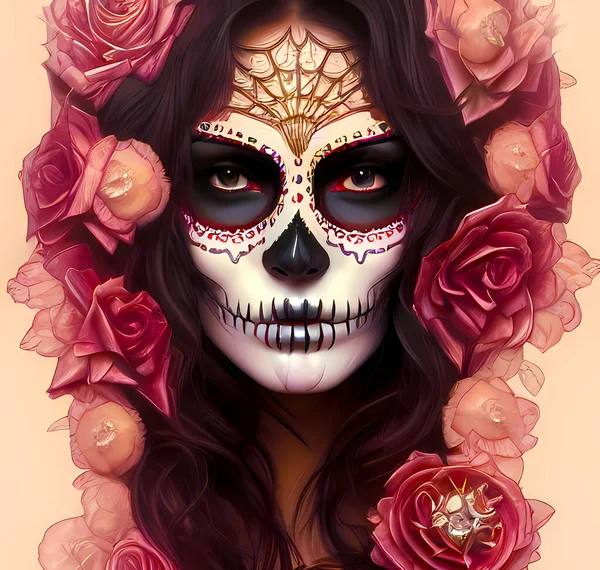 Pink woman with a day of the dead makeup for halloween and trick or treat party. Digital illustration of a close-up of a woman\'s face mixed with a skull of the night of the dead and witches.