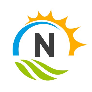 Letter N Agriculture Logo Vector Template. Agriculture Logo Concept with Green Field and Bright Sun Element