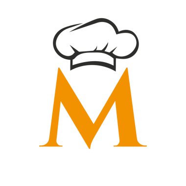 Şef Şapka Vektör Şablonu ile M harfi restoran logosu konsepti. Restoran Şefi Şapka Logosu Sembolü
