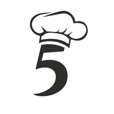 Şef Şapka Vektör Şablonu ile Mektup 5 Restoran Logosu. Restoran Şefi Şapka Logosu Sembolü
