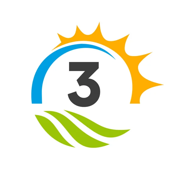 Mektup 3 Tarım Logosu Vektör Şablonu. Yeşil Alan ve Parlak Güneş Elementi Tarım Logosu Konsepti