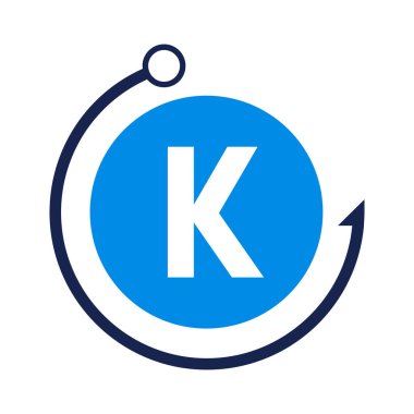K harfi balıkçılık logosu tasarım şablonu. K harfi üzerindeki Balıkçılık Kulübü logosu