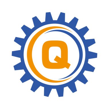 Q harfi Gear Logo Tasarım Şablonu. İş ve Endüstriyel Kimlik Otomotiv Aracı Logosu
