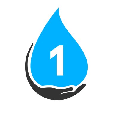Mektup 1 El ve Su Logosu Konsepti. Su Bakımı Logo Vektör Şablonu