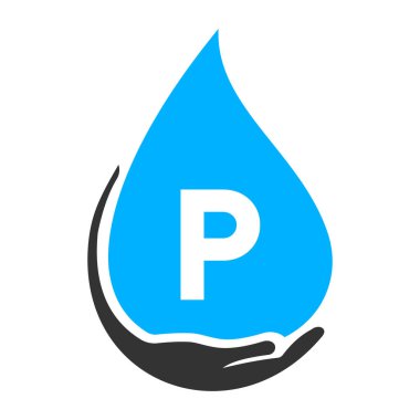 P Harfi El ve Su Logosu Konsepti. Su Bakımı Logo Vektör Şablonu