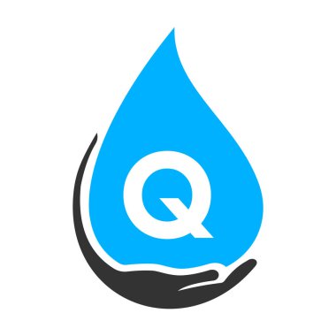 Q harfi ve su logosu kavramı. Su Bakımı Logo Vektör Şablonu