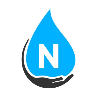 Harf N-Hand ve Su Logosu Konsepti. Su Bakımı Logo Vektör Şablonu